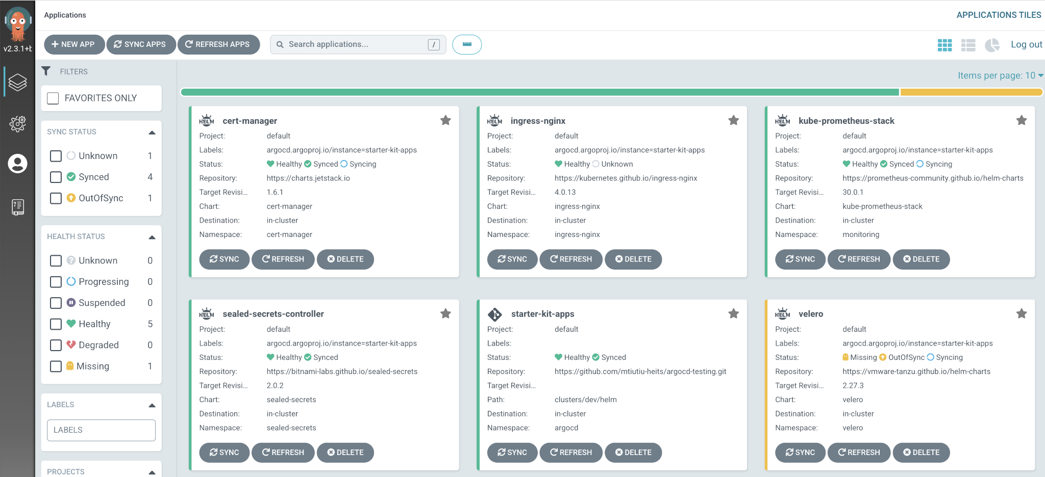 The Argo CD Applications dashboard: a left sidebar filtering by sync status and health status, and a grid of application tiles each showing project, status, repository, target revision, destination and namespace, with SYNC, REFRESH and DELETE buttons
